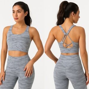 Gray Camouflage V Neck Sports Bra